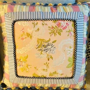 MacKenzie-Childs Pink and Yellow Accent Pillow with Playful Pom-Poms